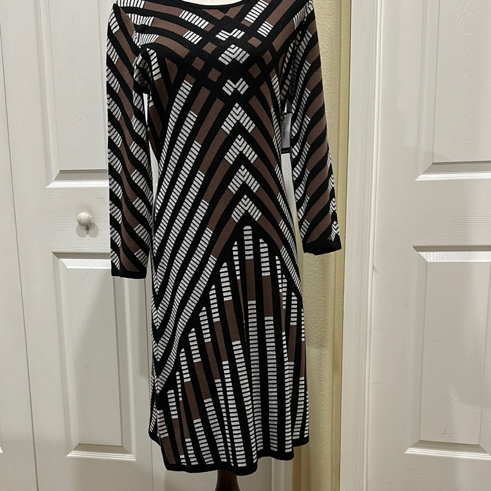 Nine West Brown and White Patterned Long Sleeve Dress